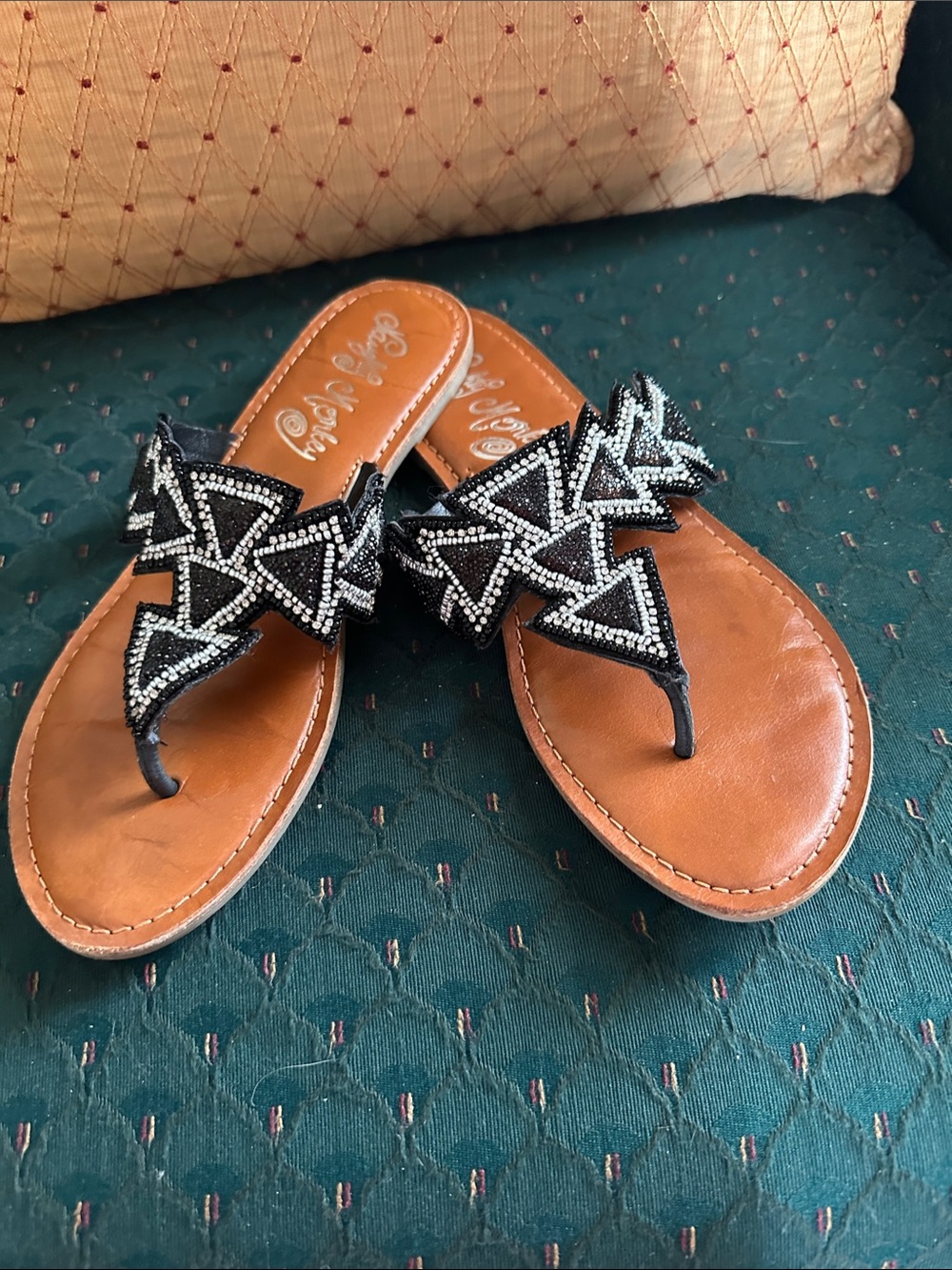 Beaded Black Thong Sandals by